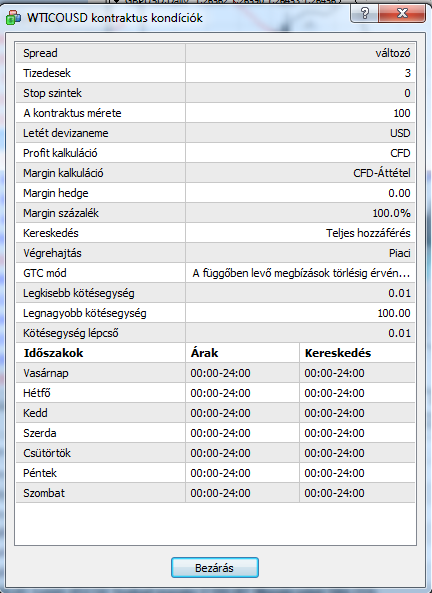 Olaj-CFD kontraktusmérete a MetaTrader specifikációs ablakában